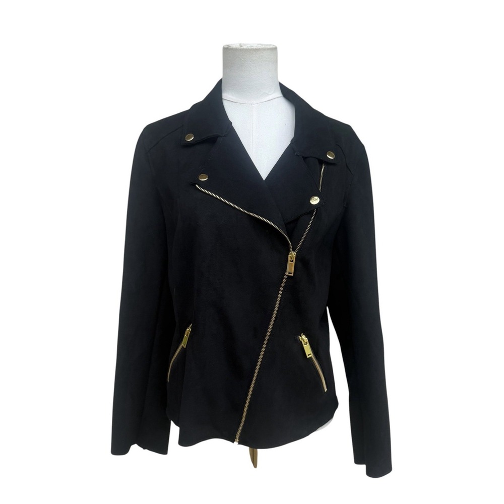 Chelsea & Theodore Womens Large Black Faux Leather Moto Jacket Gold Zip Biker